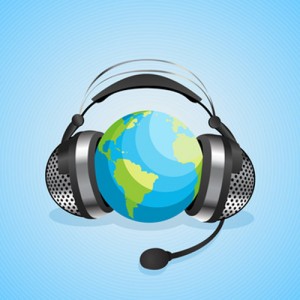 Conceptual graphic for online chat, worl communication with headphones over a globe. Abstract art